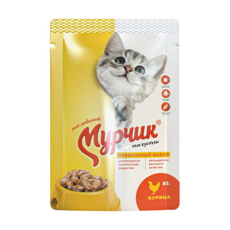 Влажный корм для кошек "Сочные кусочки", Мурчик, курица, 85 г