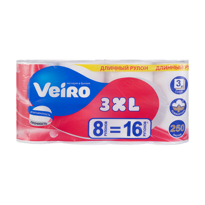 Туалетная бумага "3XL", Veiro, 3 слоя, 8 рулонов