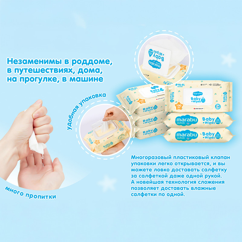 Детские влажные салфетки, MARABU, 100 шт.