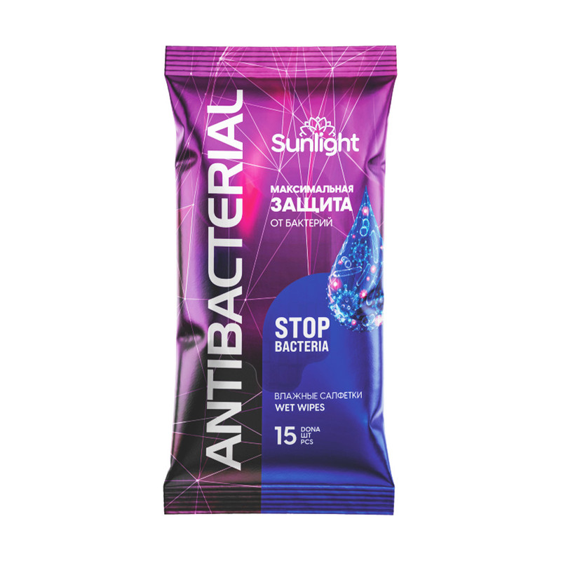 Влажные салфетки "Antibacterial", Sunlight, 15 шт., в ассортименте