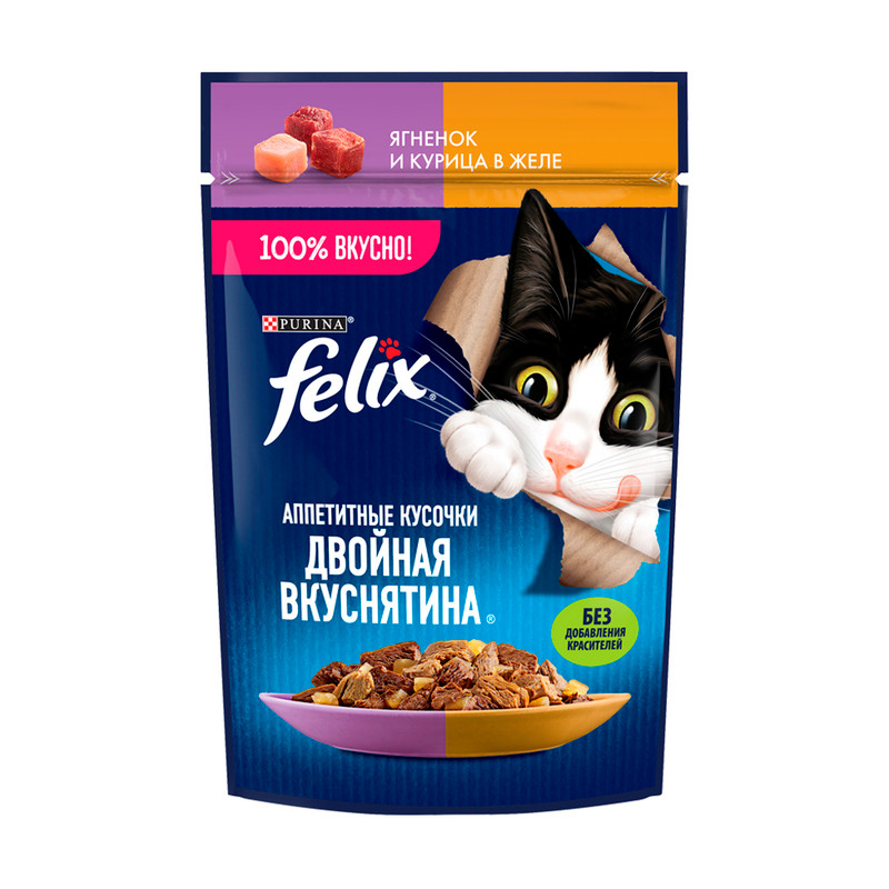 Влажный корм для кошек "Двойная вкуснятина", FELIX, с ягненком и курицей в желе, 75 г