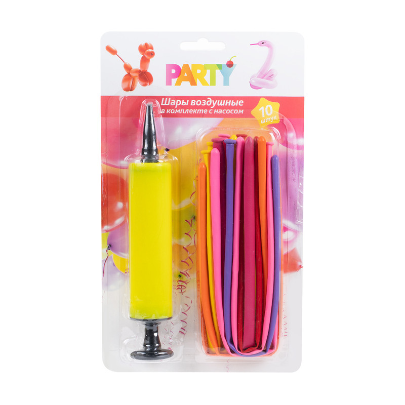 Шары воздушные с насосом, PARTY, 10 шт., в ассортименте