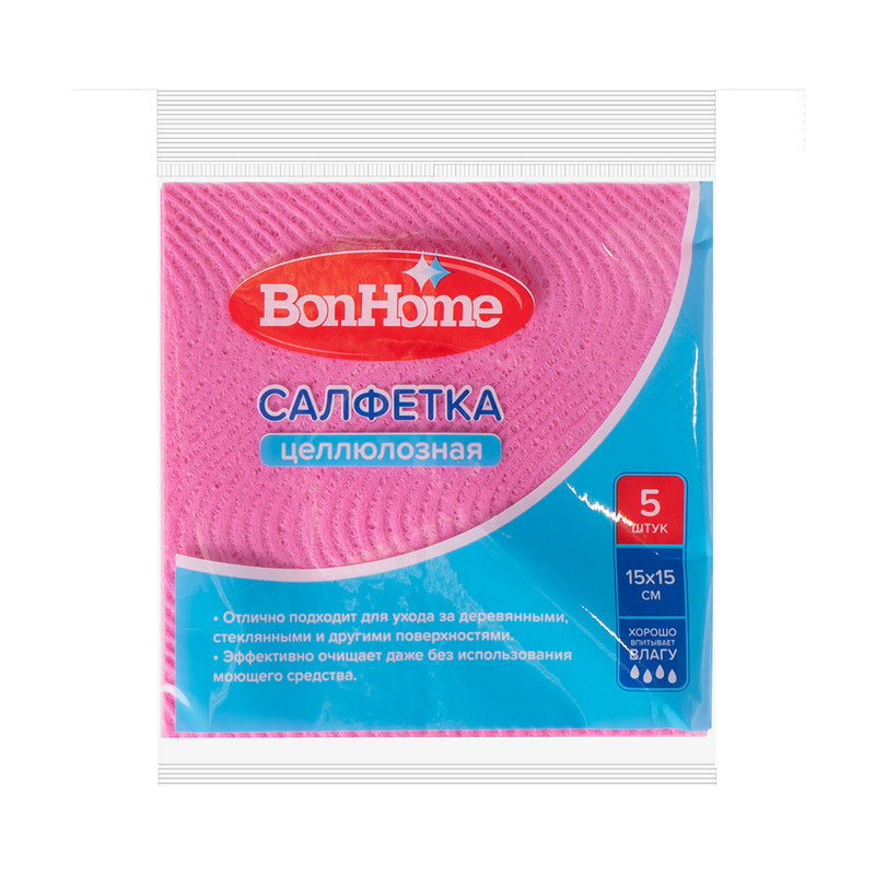 Салфетка целлюлозная, BonHome, 15х15 см, 5 шт., в ассортименте