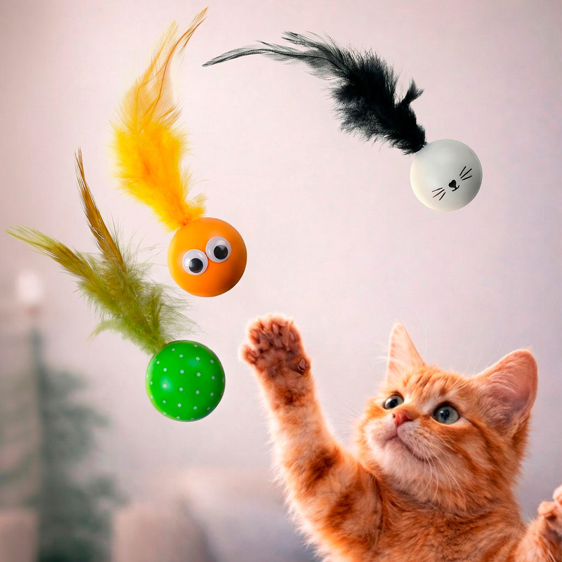 Мячики с перьями для кошек, Pet Club, 3 шт., в ассортименте